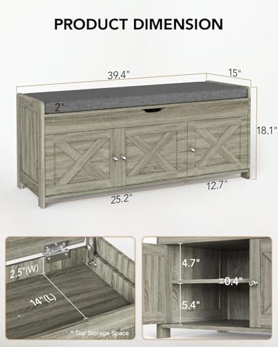 Pipishell 2-Tier Shoe Storage Bench, Entryway Bench with 3 Barn Doors, Cushion Seat, Hidden Storage, Adjustable Shelf, 200 lbs Capacity, for Entryway, Living Room, Bedroom, Gray (39.4″Wx15″Dx18.1″H) - color: Grey