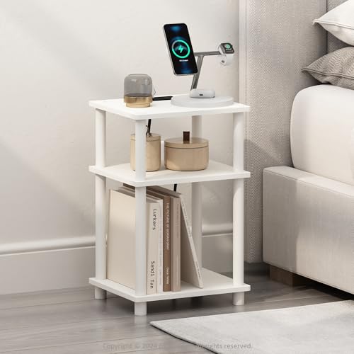 Furinno JUST Night Stand, 3-Tier Turn-N-Tube Nightstand with Charging Station, Bedside Table, End Table, Side Table with USB and Type-C Charging Port, for Bedroom, Closet, Dorm, White - color: White/White, size: 3-Tier, Charging Station, style: 1-Pack
