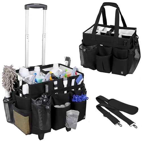 Extra large Rolling Cleaning caddy bag Built-in Hard Support Board,Cleaning Cart with Detachable Trolley, Housekeeping Cleaning caddy with Adjustable Shoulder Strap and Multiple Storage Pockets - color: Black