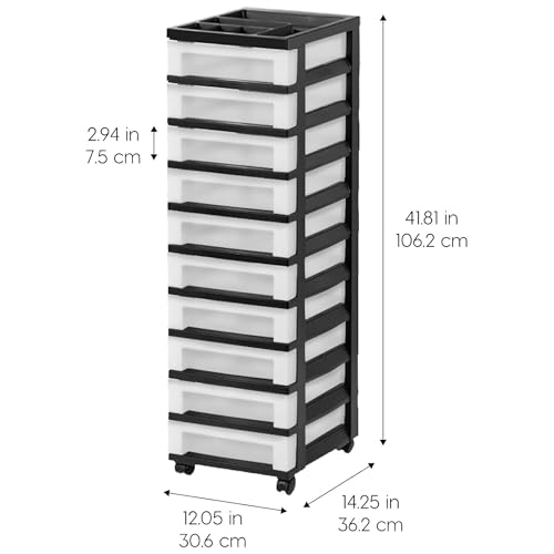 IRIS USA Plastic Drawer Storage Organizer Rolling Cart, 2-Pack, with Wheels Casters, 10-Drawers, for Classroom Art Craft Supplies Dresser Closet Bathroom Laundry Room, Black/Pearl - color: Black, size: 10 Drawer with Wheels - 2 Pack