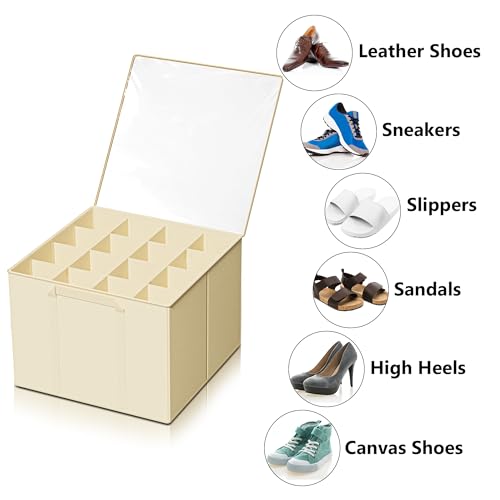 SUOCO 2 Pack Shoe Organizer for Closet, Fits up to 32 Pairs, Small Space Shoe Storage Boxes Bins Containers w/Adjustable Dividers and Clear Top, Black, Beige - color: Beige