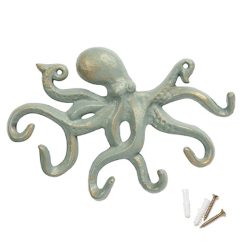 Octopus Iron Wall Hooks for Hanging, Rustic Decorative Hooks/Key Holder/Coat Hooks/Towel Hooks with 6 arms - Gold Green - color: Gold-Green