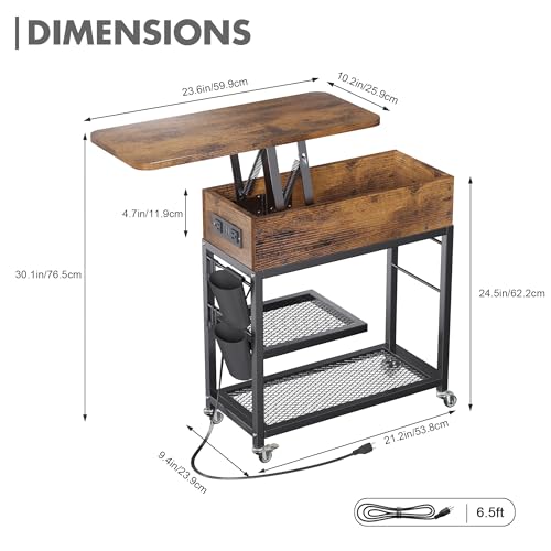 Colima Lift Top End Table with Charging Station and Wheels, Sofa Side Table with USB Port & AC Outlets, Movable Bedside Nightstand with Side Bag for Office Living Room Bedroom(Rustic Wood) - color: Rustic Brown