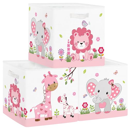 Clastyle Jungle Animal Kids Storage Cube Organizer Set Tree Closet Clothes Cube Storage Bin Nursery Toddler Toy Box Chest Boys Girls Book Shelf Basket,Pink,11.8x11.8x11.8 in - color: Pink