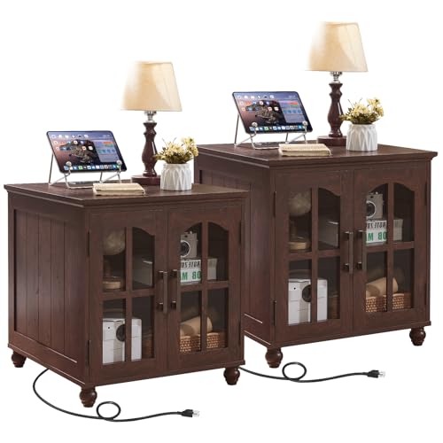 RWYHG Farmhouse 24" End Table Set of 2 with Charging Station, Large Sofa Side Table with Glass Barn Door,Wood Night Stand with Adjustable Storage Shelf,Square Bedside Table for Living Room,Bedroom - color: Retro Walnut, size: Set 2