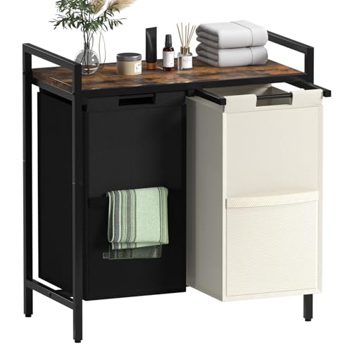 Huhote Double Compartment Laundry Basket, Laundry Sorter with Top Shelf, 2 Removable Washable Bags, Side Pockets, Black & White - color: 2 bags-White&Black