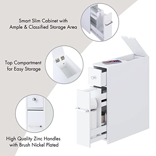 Spirich Slim Bathroom Storage Cabinet, Free Standing Toilet Paper Holder, Bathroom Cabinet Slide Out Drawer Storage, White