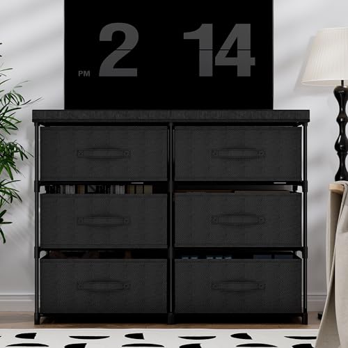 PPN Dresser with 6 Fabric Drawer Stand Desktop Sturdy Metal Plastic Support Tube Cube Storage Cabinet for Living Room, Bedroom Organization Dorm Front Hall Entryway Black