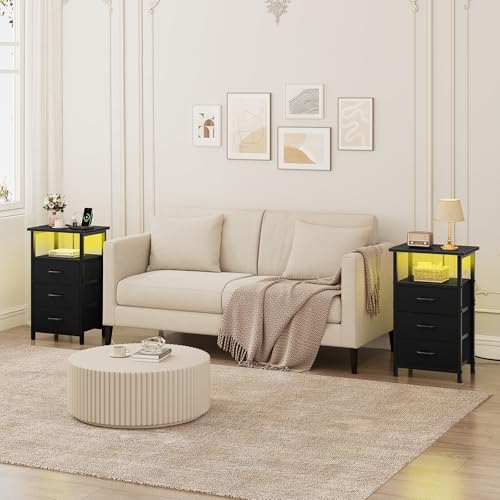 Vagusicc Night Stand Set 2 with Charging Station, LED Nightstand for Bedroom, Bedside Table with 3 Fabric Drawers, End Table Side Table with USB Ports & Outlets, Bed Side Table for Bedroom, Black - color: Black, size: 2 Pieces, style: With LEDs