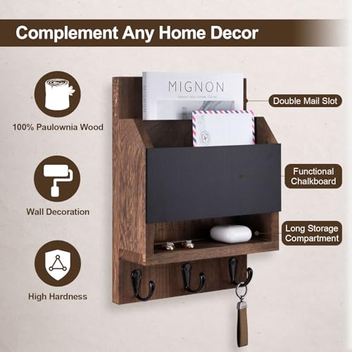 Key and Mail Holder for Wall, Key Holder with Chalkboard and Long Storage Box, Key Hanger with 3 Sturdy Hooks for Coat, Dog Leash, Entryway Mail Organizer (Brown) - color: Brown