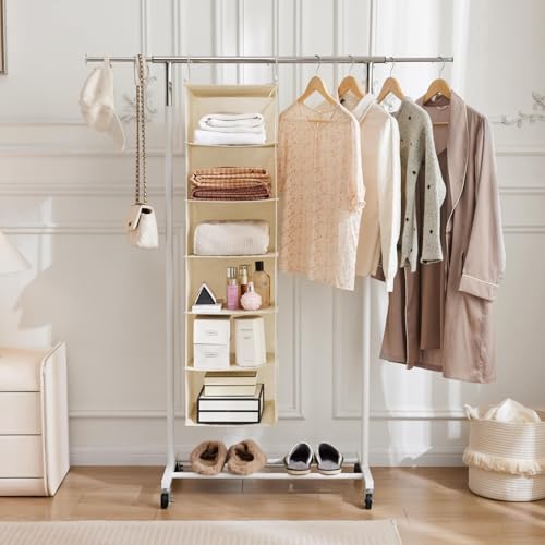 MAX Houser 6 Tier Shelf Hanging Closet Organizer, Closet Hanging Shelf with 2 Sturdy Hooks for Storage,2 Pack, Foldable (Yellow) - color: Beige-2