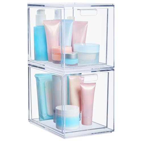 STORi Audrey Stackable Bin Clear Plastic Organizer Drawers | 2 Piece Set | Organize Cosmetics and Beauty Supplies on a Vanity | Made in USA - size: 6.75" Tall Set