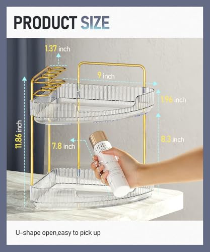 EUHOME 2-Tier Corner Bathroom Organizer Counter - Acrylic Makeup Skincare Organizer with Brush Holder, Perfume Tray for Countertop, Vanity, Dresser, Kitchen（Clear） - color: Clear, size: 9" x 9" x 11.8"