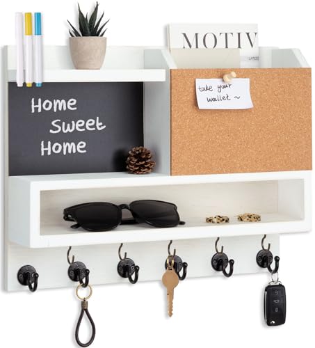 Key Holder for Wall Mount with Mail Organizer, Farmhouse Key Holder for Wall with Shelf, Chalkboard&Corkboard, Entryway Organizer 11 Metal Hooks, Decorative Natural Pine Wood, 14.6*11.1*3.3”, B-White - color: White-b