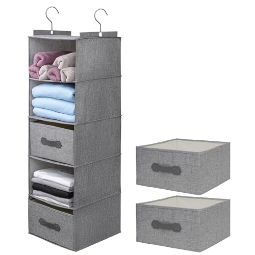 Large Hanging Sweater Organizer for Closet,Collapsible 6-Shelf Hanging Closet Shelves with Drawers, Washable (Grey-5 Shelf-2 d) - color: Dark Gray, size: 5 Shelf with 2 drawers