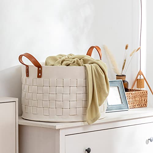 BOLDMONEKY Blankets Basket 20" x20 " x11.8 ", Large Round Laundry Hamper with Leather Handle, Soft Dog Toy Woven Basket for Storage-Beige - color: Beige