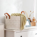 BOLDMONEKY Blankets Basket 20" x20 " x11.8 ", Large Round Laundry Hamper with Leather Handle, Soft Dog Toy Woven Basket for Storage-Beige - color: Beige