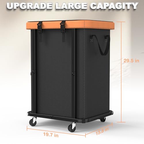 150L (40 Gal) Large Fashion Laundry Basket with Wheels, Leather Patchwork Rolling Hamper Carts, Sturdy Metal Frame, Removable Washable Bag, Tall Clothes Sorter for Bedroom, Laundry Room - Black - color: Black, size: 1 Section-150L
