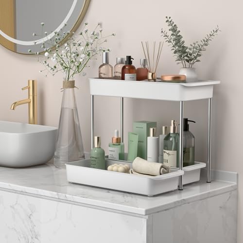 2-Tier Under Sink Organizer with Smooth Rolling Wheels, Pull-Out Bottom Storage Drawer with Easy-Lift Handle, Metal & Plastic Sliding Cabinet Organizer for Kitchen & Bathroom, White, 2 Pack - color: White