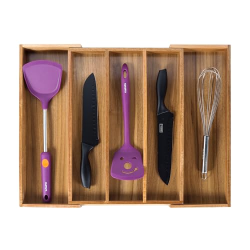 Utoplike Acacia Kitchen Drawer Organizer Expandable, Large Utensils and Cutlery Tray, Adjustable Silverware Divider for Knives Flatware - color: Acacia, size: Large
