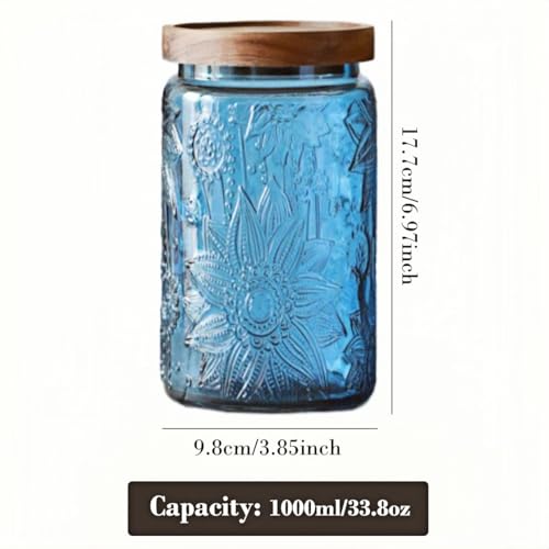 ANSQU Set of 2 Vintage Blue Glass Storage Jars with Wood Lids, 34oz Kitchen Canisters for Coffee, Sugar, Cookies, Candy – Decorative Pantry Organizers (Blue 2, 34 Ounces) - color: Blue 2, size: 34 Ounces