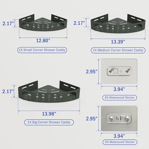 Adhesive Corner Shower Shelf No Drill | Rust-Proof Aluminum Alloy Stick On Bathroom Organizer with Shaving Holder for Shampoo, Conditioner, Soap, Razors Grey 3 Pack - color: Grey 3 Layers, size: 3 Layers