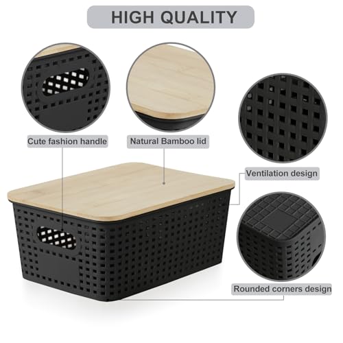 Bagnizer Small Plastic Storage Bins with Bamboo Lids 5.2qt Stackable Box Basket Pantry Decorative Containers Cute with Lable for Organizing Desktop Closet Office Black of 6 packs 10 * 7.2 * 4.1" - color: Black, size: Small- 6 Pack