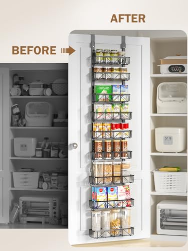 Delamu Adjustable Narrow Over the Door Pantry Organizer, 9-Tier Metal Pantry Organization and Storage for Kitchen, Hanging Spice Rack Seasoning Shelves, Cabinet Door Organizer for Easy Install, 12.5" - color: Black, size: 12.5"W 9-Tier