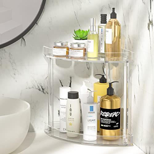 NPPLUS 2 Tier Acrylic Bathroom Counter Organizer, Clear Bathroom Countertop Corner Organizer, 2-Tier Corner Storage Shelf Vanity Trays, Home Storage Holder for Makeup Cosmetics Perfume Organizer - style: Fan-shaped