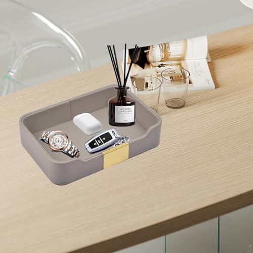 Luxury Leather Valet Tray Desktop Storage Organizer,Bedside Vanity Catchall Tray Nightstand Caddy Holder for Cosmetic,Jewelry,Watch,Keys,Phone,Wallet,Remote Controller,Pen,Gray - color: Gray