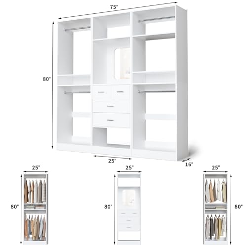 Unikito 75 Inch Closet System with 4 Drawers, 6.3FT Walk in Closet Organizer with Hanging Rods and Mirror Design, Reversible Large Closet Wardrobe with Shelves, Adjustable Closet Tower, White