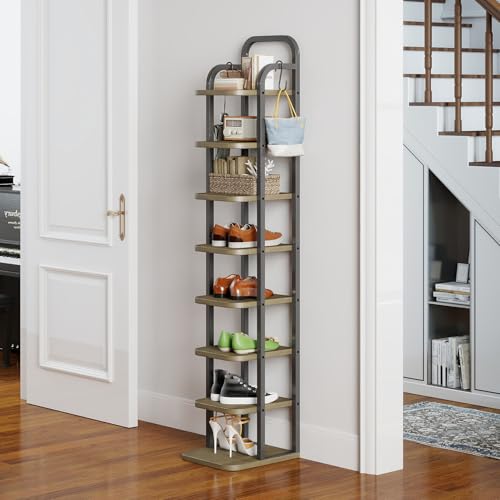 ITEFDTUTNE 8 Tiers Vertical Shoe Rack, Narrow Shoe Tower Adjustable Shelves Wooden Tall Rack with 2 Hooks, Corner Storage Organizer for Small Spaces, Entryway, Living Room, Rustic (Light Brown) - color: Light Brown-8 Tiers
