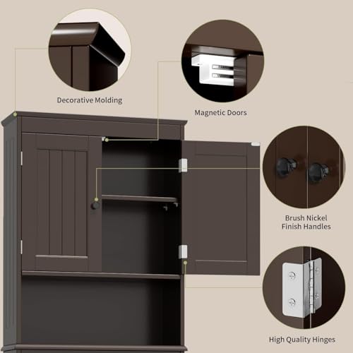 Gizoon Over the Toilet Storage Cabinet with Adjustable Shelf and Double Doors, Bathroom Space Saver Organizer Above Toilet with Open Shelf, Taller Wooden Free Standing Toilet Rack -Espresso - color: Espresso