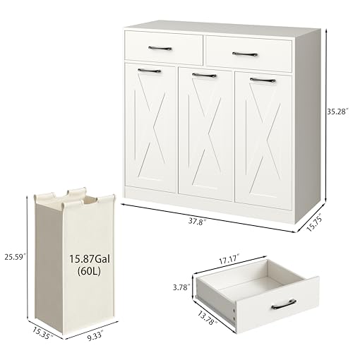 Herture Laundry Hamper Cabinet, Laundry Basket 3 Section with 2 Storage Drawers, Laundry Sorter with Pull-Out Removable Large Bags, 3 x 15.87 Gallons (60L), for Laundry Room Bathroom, White YL01XLW
