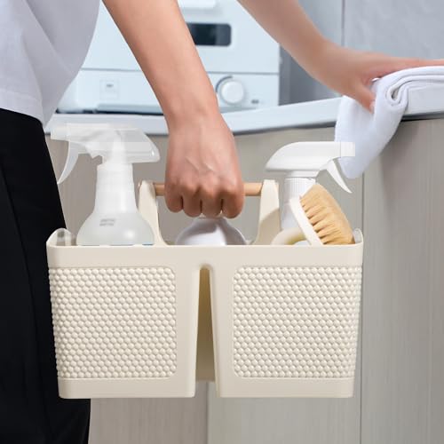 rejomiik Portable Shower Caddy Basket Plastic Cleaning Caddy Organizer Storage Tote with Handle for Bathroom, College, Dorm Room Essentials, Cream - color: Cream