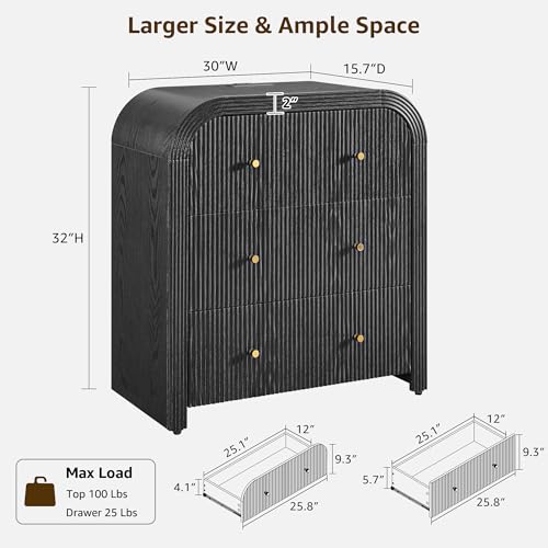 T4TREAM Fluted Dresser with 3 Drawers, 32" Tall Modern Chest of Drawers with Thickened Curved Profile Design, Wood Closet Clothes Storage Organizer for Bedroom, Living Room, Hallway, Black Oak - color: Black Oak, size: 15.7"D x 30"W x 32"H (3 Drawers)
