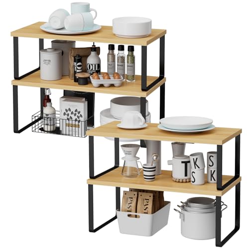 OGEMXU Cabinet Shelf Organizers, 15.7 inches Large Kitchen Counter Shelf, Set of 4 Wood Kitchen Pantry Organizer, Storage Shelves for Countertop, Spice Rack, Stackable, Expandable, Metal Black, Nature - color: Black and Natural Beige, size: 4pcs 7.8" D x