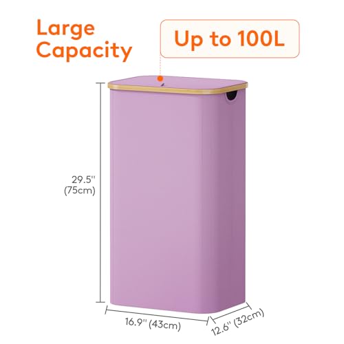 Lifewit 100L Laundry Basket with Lid, Clothes Hampers for Laundry with Bamboo Handles and 1 Removable Bag, Large Foldable Laundry Hamper for Bedroom, Bathroom, Dorm, Laundry Room, Purple - color: Purple, size: 100L