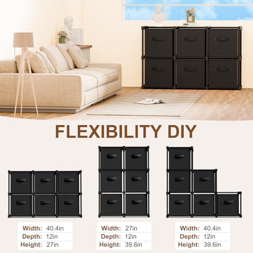 Briwooody 6 Cube Storage Organizer Bins with Shelf 11'' Toy Storage Box Back to School Dorm Organizers Fabric Unit for Playroom Book (Black) - color: Black