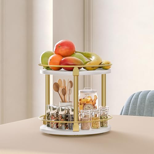 YATINEY Lazy Susan Organizer, Rotating Spice Rack, 2 Tier Spice Turntable Organizer, Industrial Turntable Spice Holder, for Kitchen Countertop and Cabinet, Compact and Versatile, White and Gold SR22DW - color: White + Gold, size: 10.2"L x 10.2"W x 11"H