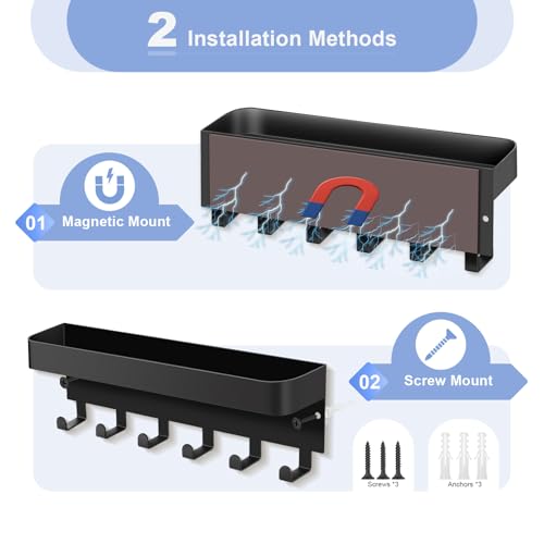 RELBRO Magnetic Key Holder for Fridge, Metal Wall Mount Key Rack with Shelf, 6 Hooks, 2 Installation Options, Black - color: Black