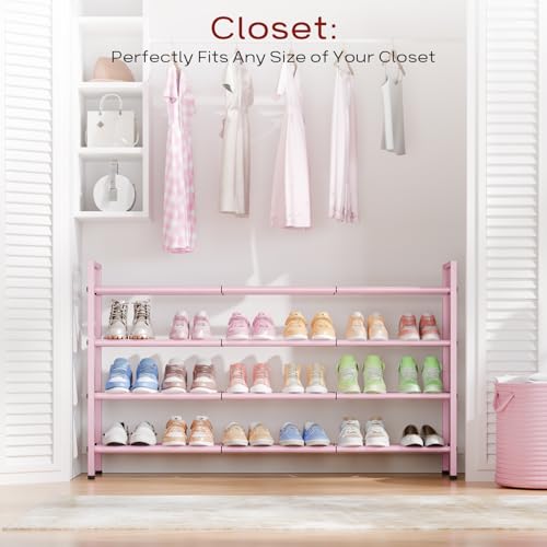 Bumusty 4-Tier Long Expandable Shoe Rack for Closet, 18"-44" Adjustable Shoe Rack for Entryway, 20-24Pairs Large Shoe Organizer Shelf Storage, Sturdy Metal, Black - color: Pink, size: 4-Tier