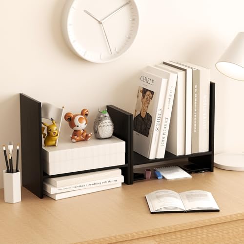 Desk Shelves Wood Desktop Orgnizer Shelf.Office Organization for Top of Desk Organizers and Accessories Bookshelf Shelving,Adjustable Tier H-Shape Mini Bookcase(Black) - color: Black