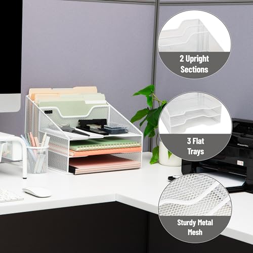 Mind Reader Metal Mesh Desktop File Organizer, 3-Tier Paper Tray with 5 Compartments, Office Mail Sorter, White - color: White