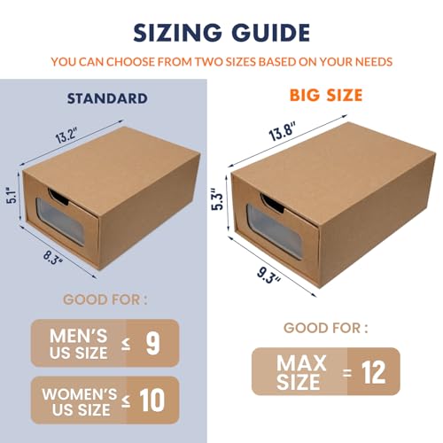 Shoe Box 12 Pack,13.2 x 8.3 x 5.1in Waterproof Storage Boxes, Socks, Stationery, Toys, Underwear,Heavy Duty,Stack-able Cardboard Boxes,with Marking Labels,Transparent Window - size: Standard Size (13.2'' x 8.3'' x 5.1'')