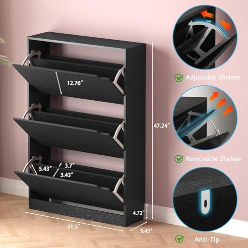 BORNOON Shoe Storage Cabinet with 3 Flip Drawers,Narrow Shoe Rack Cabinet,Freestanding Organizer Storage for Entryway, Hallway, Black - color: Black, size: 3 Drawers