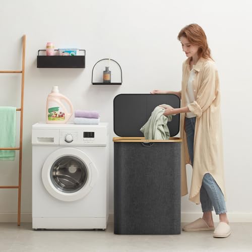 Lifewit 150L Laundry Basket with Lid, Clothes Hampers for Laundry with Bamboo Handles and 2 Removable Bag, Large Foldable Laundry Hamper for Bedroom, Bathroom, Dorm, Laundry Room, Dark Gray - color: Dark Gray, size: 150L