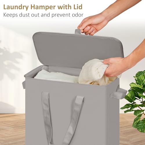 efluky Slim Laundry Basket with Lid, Narrow Laundry Hamper with Handles, Collapsible Dirty Clothes Hamper, Tall Laundry Bin for Laundry Room, Dorm and Bedroom, 55L Grey - color: Grey, size: 55L with Lid