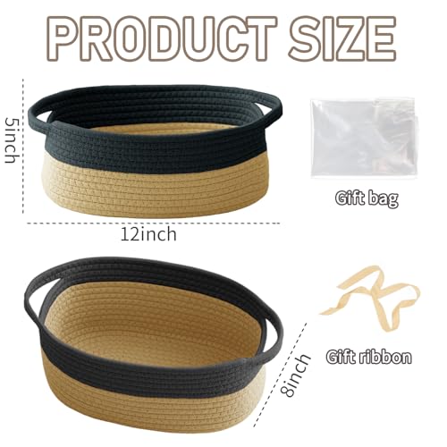 JMvicyroam Woven Basket,Small Rope Storage Bin with Handles & Ribbon Bag, Organizer for Shelves Closets,Gift Basket Empty for Birthday,Books,Dog Toys, Black&Jute/3 Pack - color: Black&Jute, size: 3 Pack