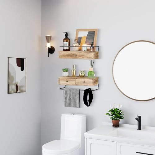 DreamPossible Floating Shelves - Wall Mounted Bathroom Shelf Set of 2 with Drawers, Rustic Wood Shelves for Bedroom, Living Room, Kitchen, Wall Decor, Plants, Books (Brown) - color: Brown, size: 13.8 Inch Long